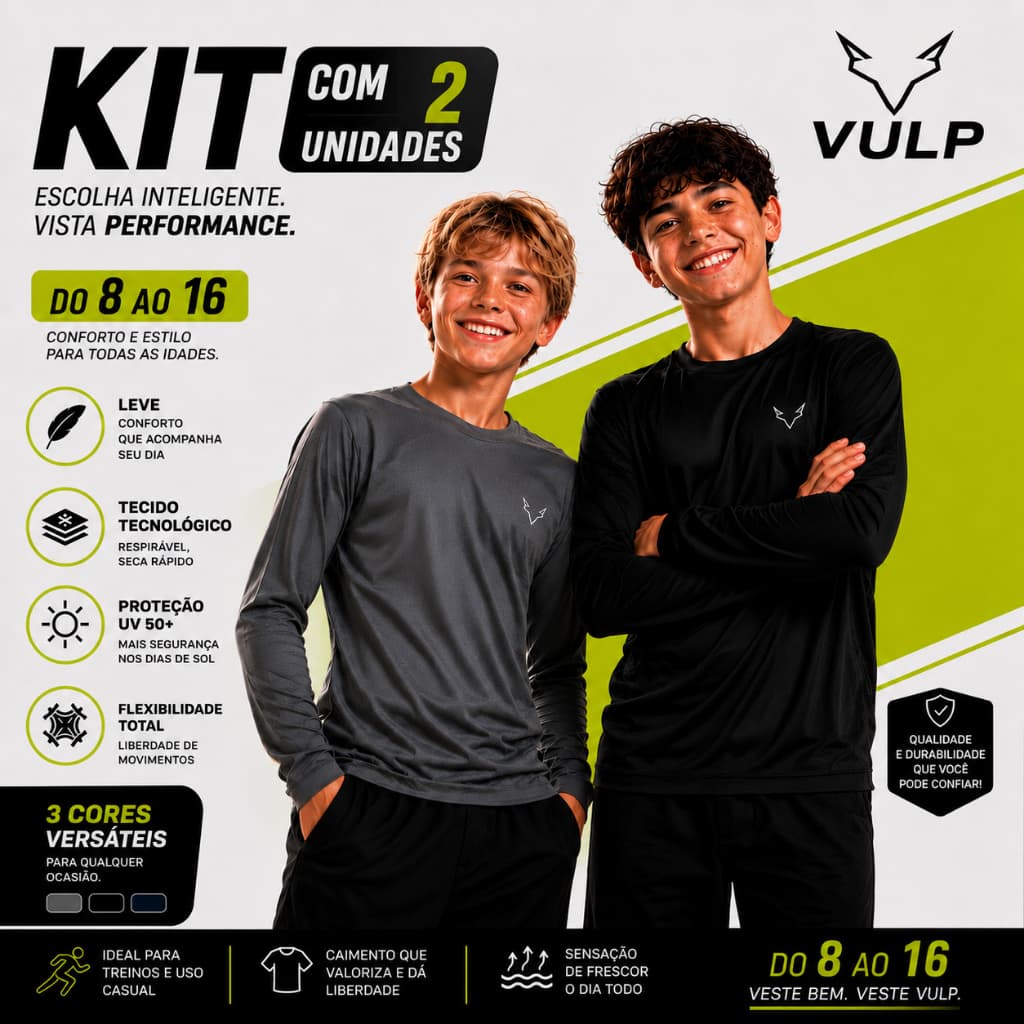 Kit 2 Camisetas Segunda Pele Infantil UV50+ Microfibra Premium Tam 10 ao 16 Manga Longa Conforto