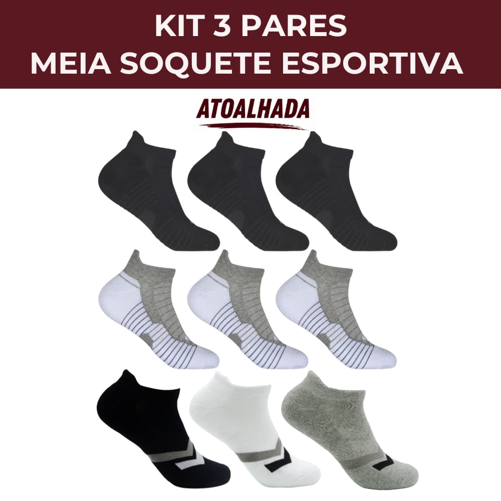 Kit 3 Meias Esportivas Masculinas Soquete Atoalhadas Hoahi 39-43