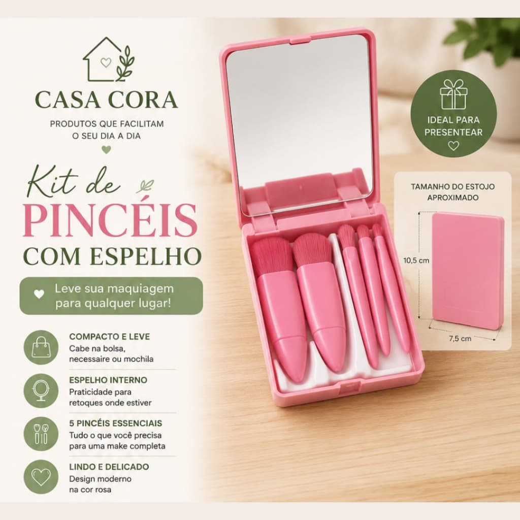 Estojo de pincéis com espelho - para bolsa - necessaire feminina para maquiagem e cosméticos - organização de bolsa