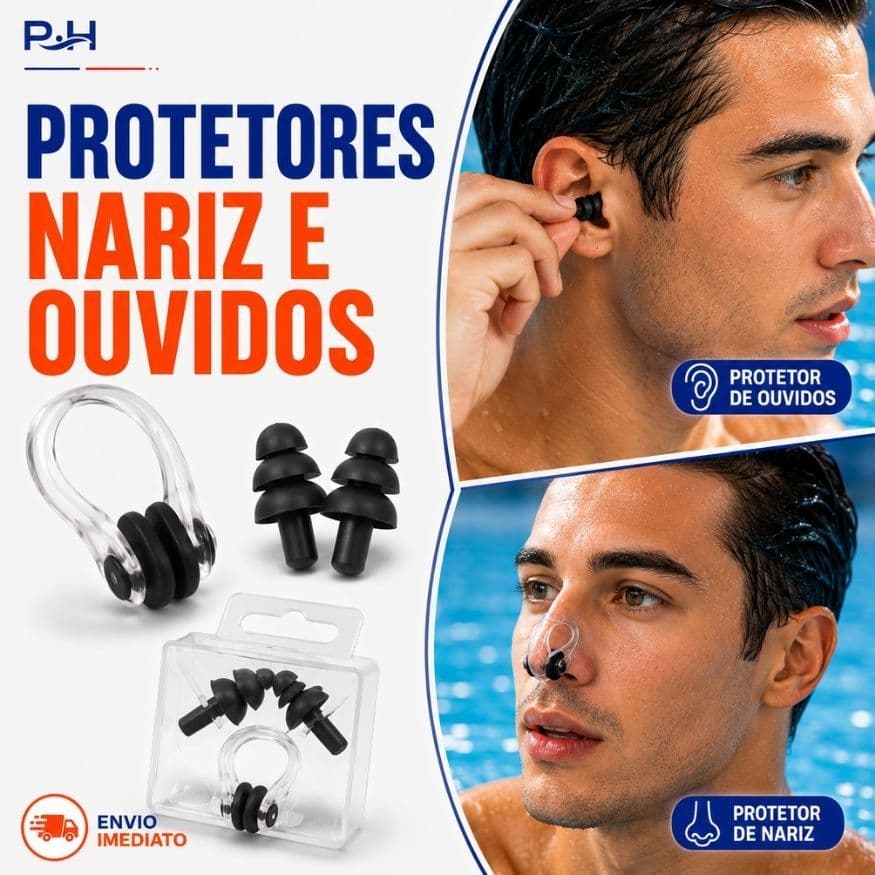 Protetor Nariz e Ouvido - Kit Tampão Nasal Auricular de Silicone Natação Piscina Hidroginastica