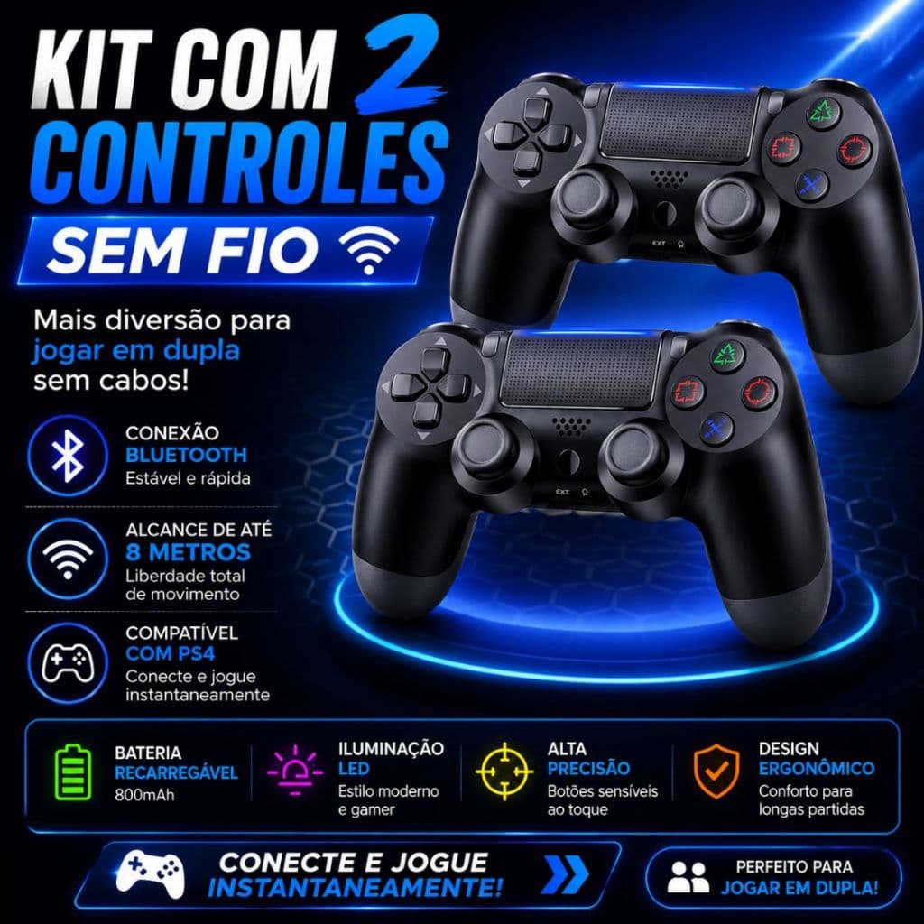 Controle PS4 Sem Fio Bluetooth com LED - Kit 2 Unidades Recarregável - PS3, PS4, PC E NOTEBOOK