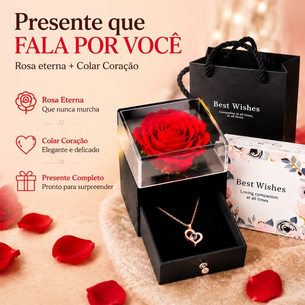 Rosa Eterna Preservada caixa de presente E Eu te amo em 100 idiomas Colar Feminino