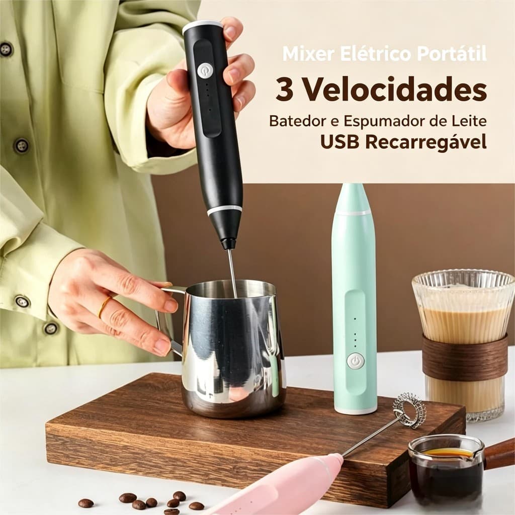 Mixer Elétrico Portátil 3 Velocidades Batedor Ovos Espumador de Leite Café Cozinha Mini