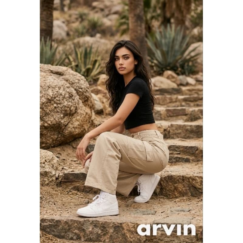 Calça Cargo Feminina jeans Sarja Premium bege cáqui