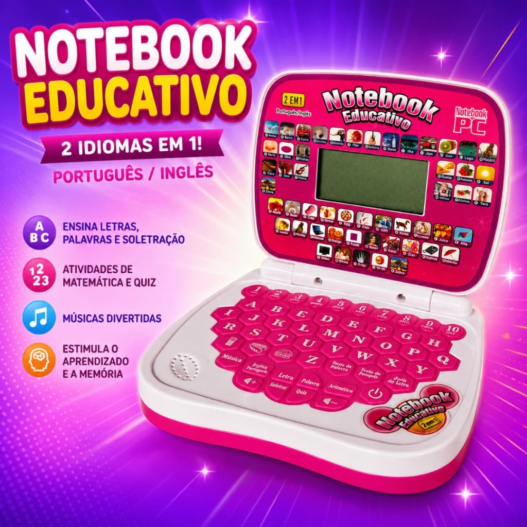 Laptop Infantil Educativo Notebook Brinquedo Bilíngue Português e Inglês Jogos Matemática