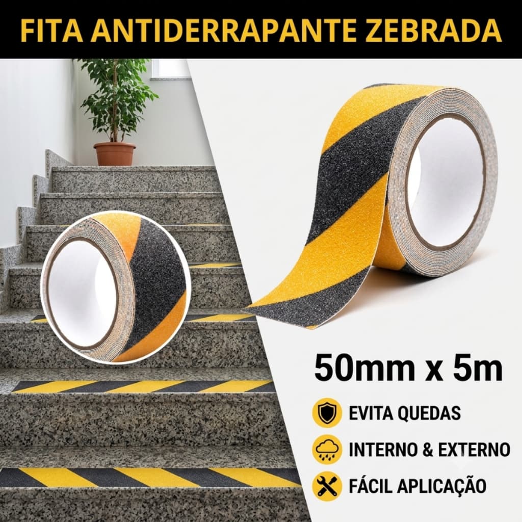 Fita Antiderrapante 5CM X 5 Metros Autoadesiva P/ Pisos Escadas Rampa Externo - Zebrada