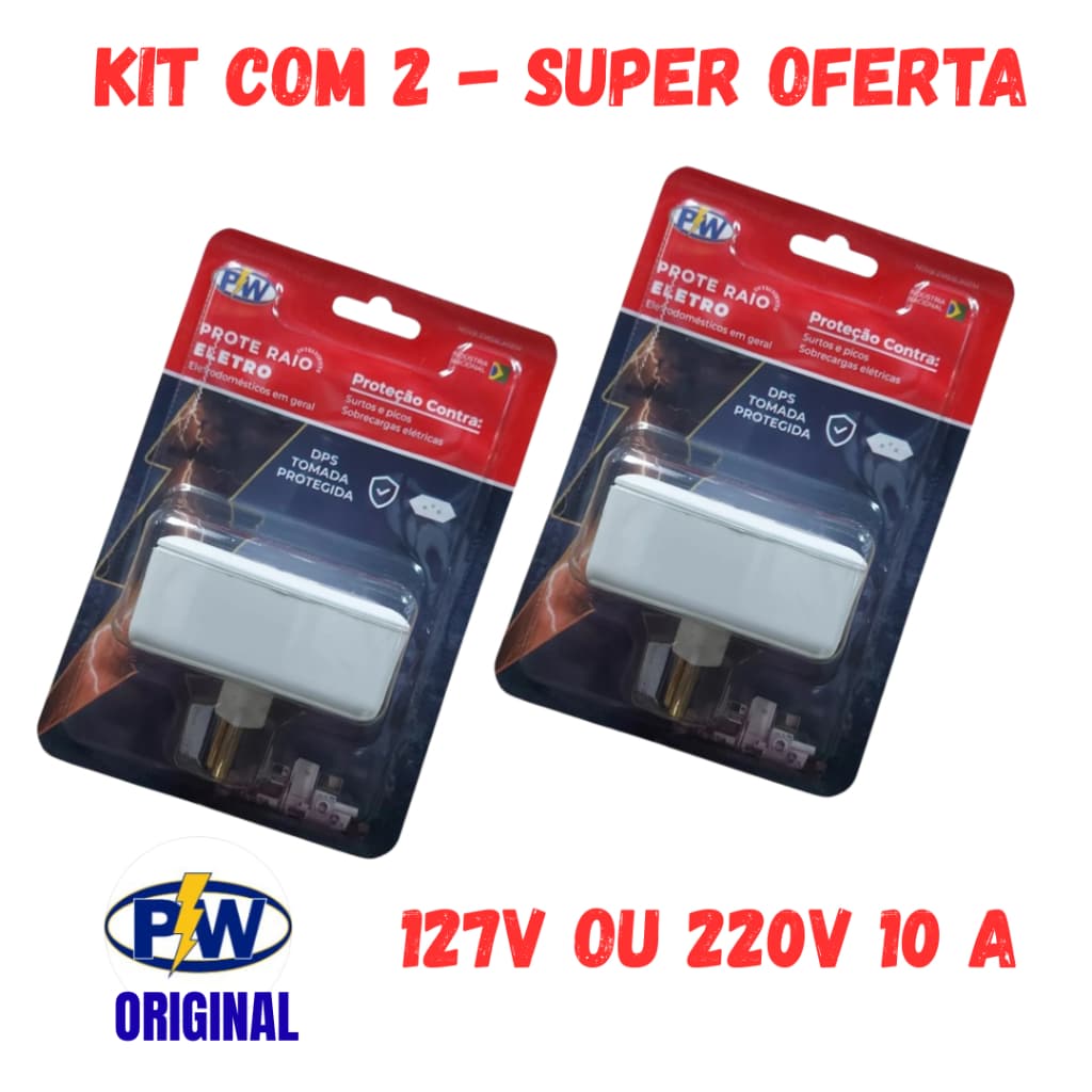 KIT 2 Unidades Protetor Contra Raio Surtos Picos Eletro com 2 Tomadas 127v 220v 10A PW ORIGINAL