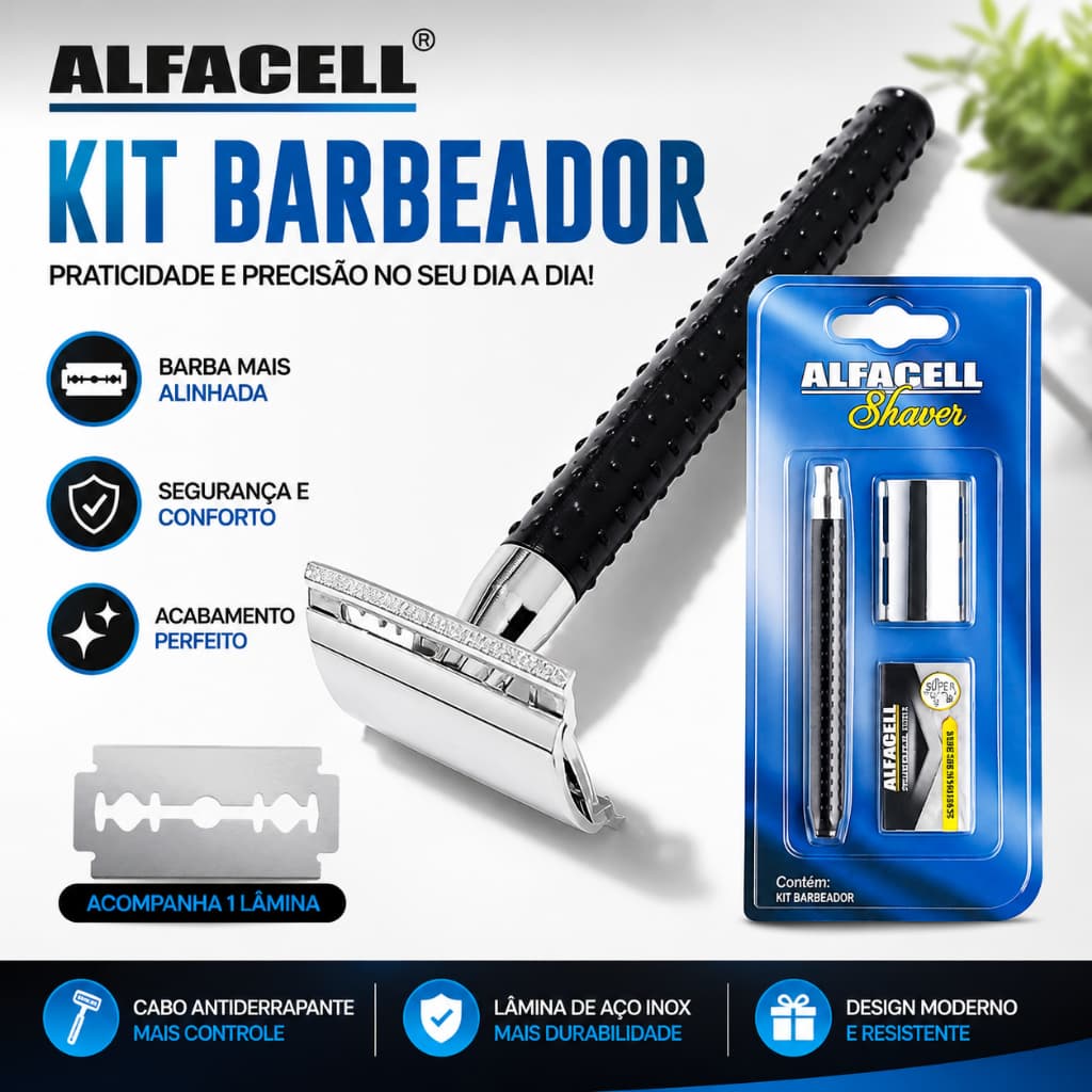 Kit Barbeador Inox Clássico Alfacell em Metal + 1 Lâmina de Barbear