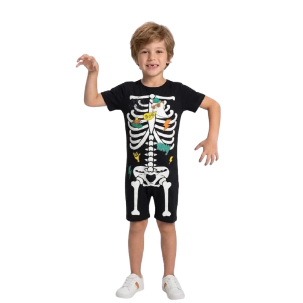 Fantasia Infantil Menino Esqueleto Macacão Curto Halloween Fantasia Carnaval Noite do Terror