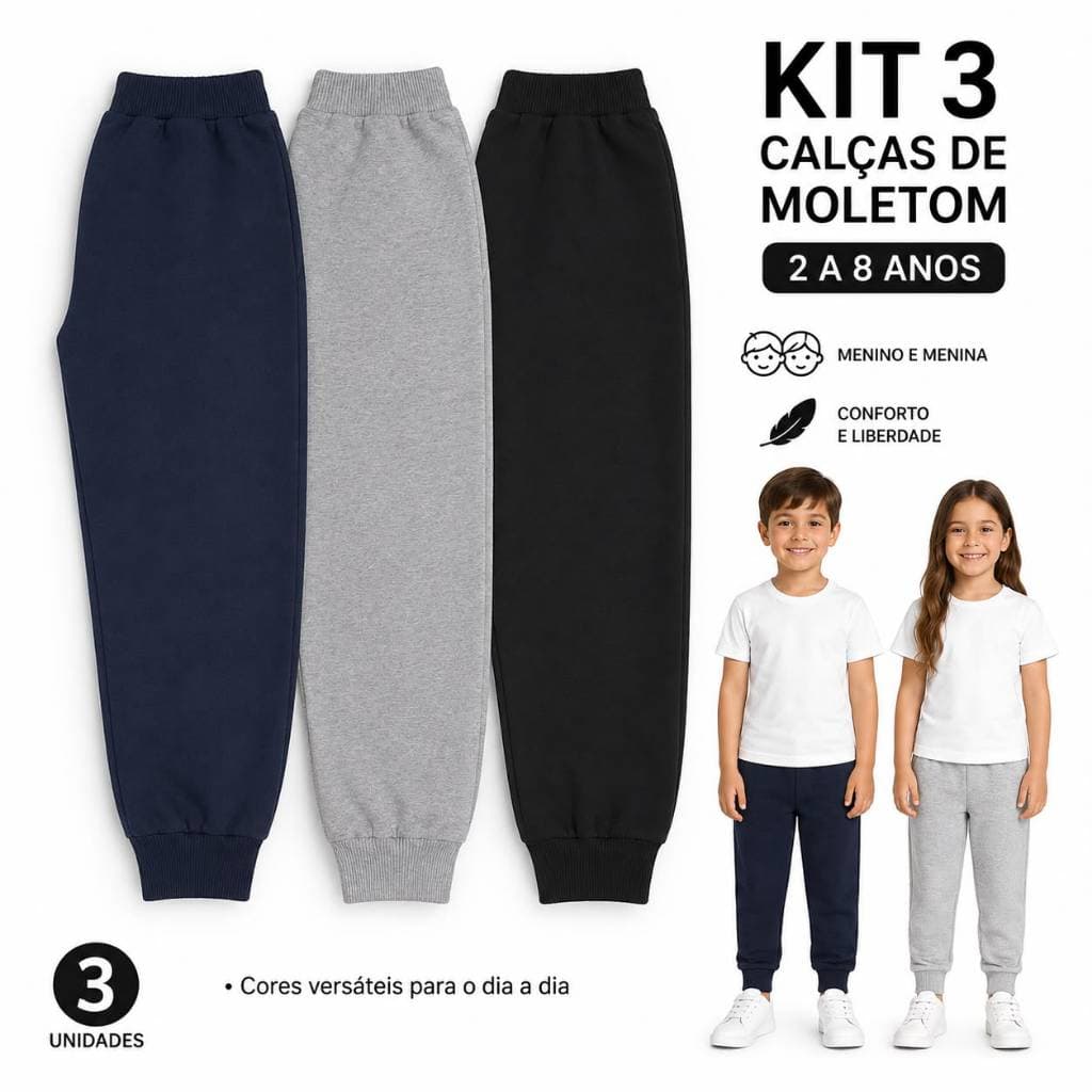 Kit 3 Calças Infantil  Criança Menino Menina Moletom Premium Super Confortável 2 a 8 Anos