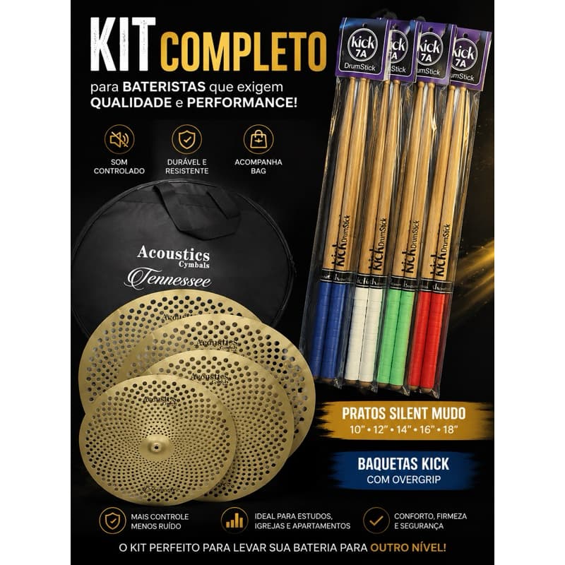 Kit de Pratos Silent Mudo + 2 Pares de Baquetas Kick