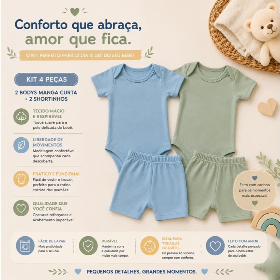 Kit 4 peças curto 2 bory curto + 2 shortinhos para o calor verão bory neném body