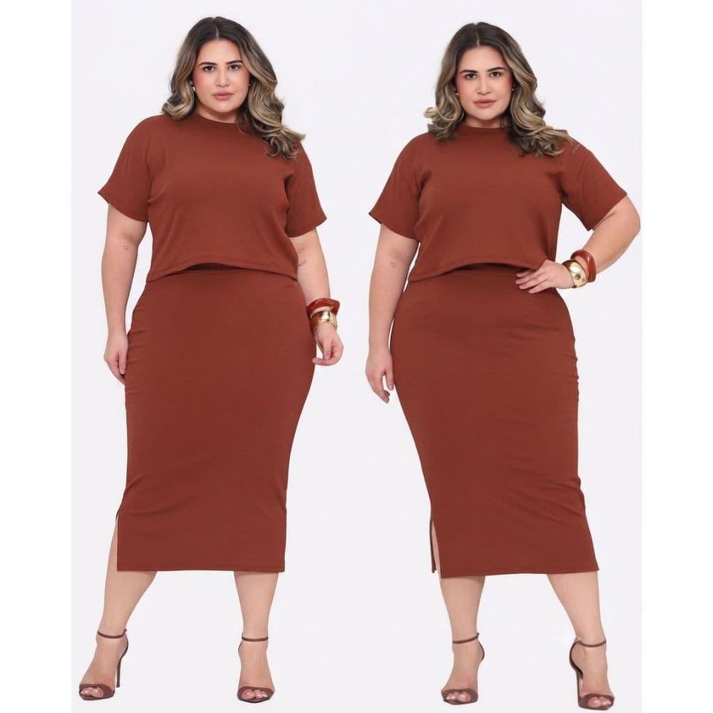 Conjunto Plus Size Feminino Saia Mídi Com Fenda Cropped Manga Curta Canelado G1G2 G3 Confortável