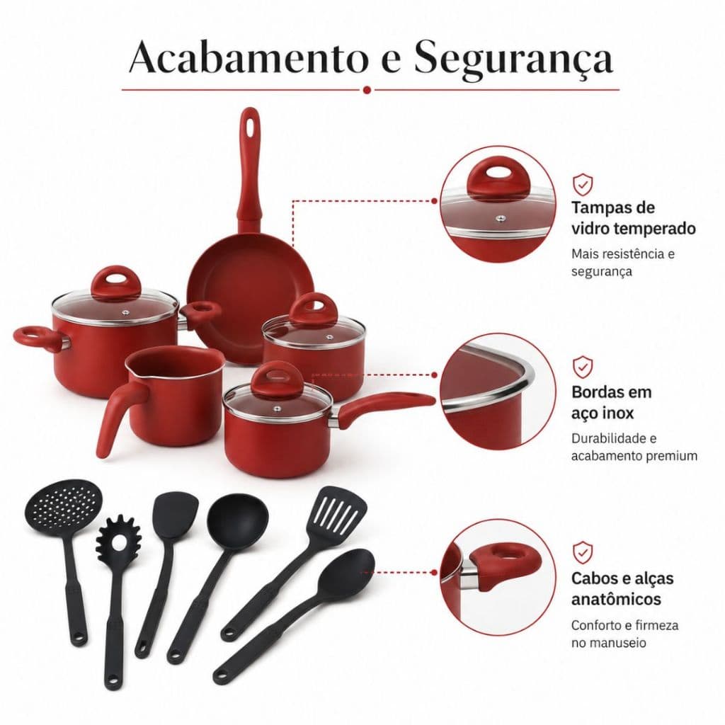 JOGO DE PANELAS ANTIADERENTES MARMORIZADAS 14 PEÇAS E Utensilios VERMELHO CH1400R