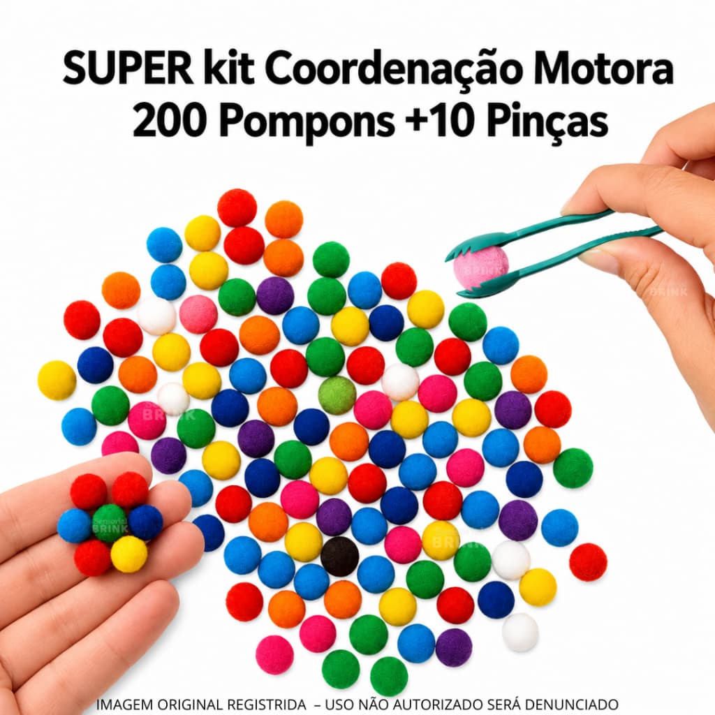 200 Pompons + 10 Pinças -  Cordenação Motora Pega Pompom, pompons e pinça | Atividades Sensorial Infantil Montessori
