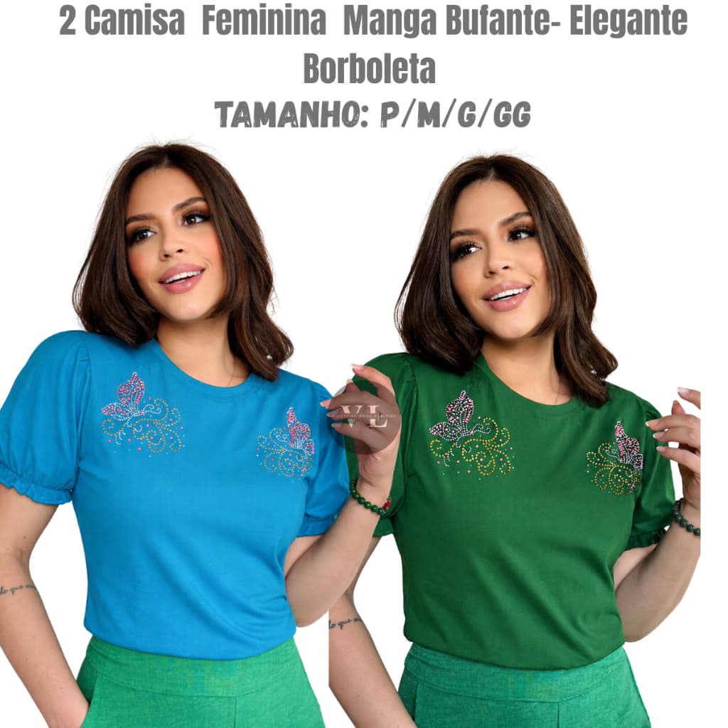 2 Blusa T-shirt Feminina Manga Curta Bufante Estampado Moda Atual