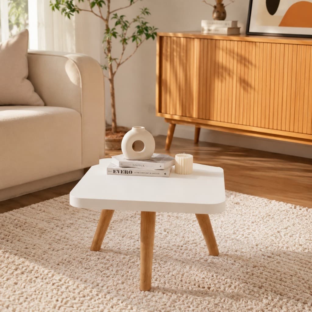 Mesa de Centro Nórdica Quadrada Branca MDF Pés Madeira Pinus Decorativa