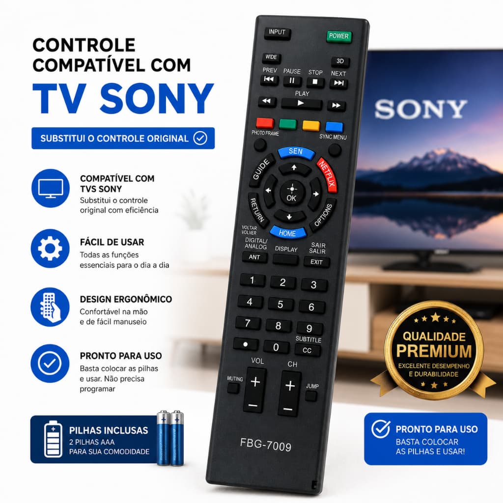 Controle Remoto Compatível TV Sony Smart TV LCD LED Netflix PiIhas Inclusas