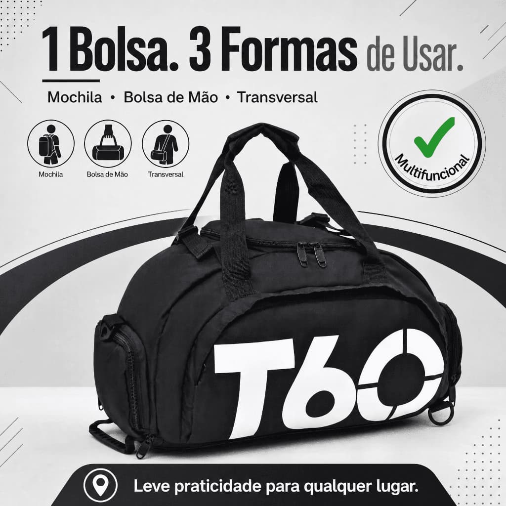 Bolsa Academia Esportiva Impermeável Multifuncional Transversal Mochila Mala de Viagem Porta Tênis Preta T-60