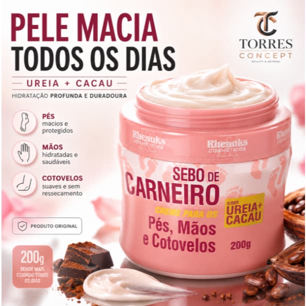 Creme Sebo De Carneiro Rhenuks Hidratante Pes Maos Cotovelos Ureia Cacau Contra Ressecamento 200g