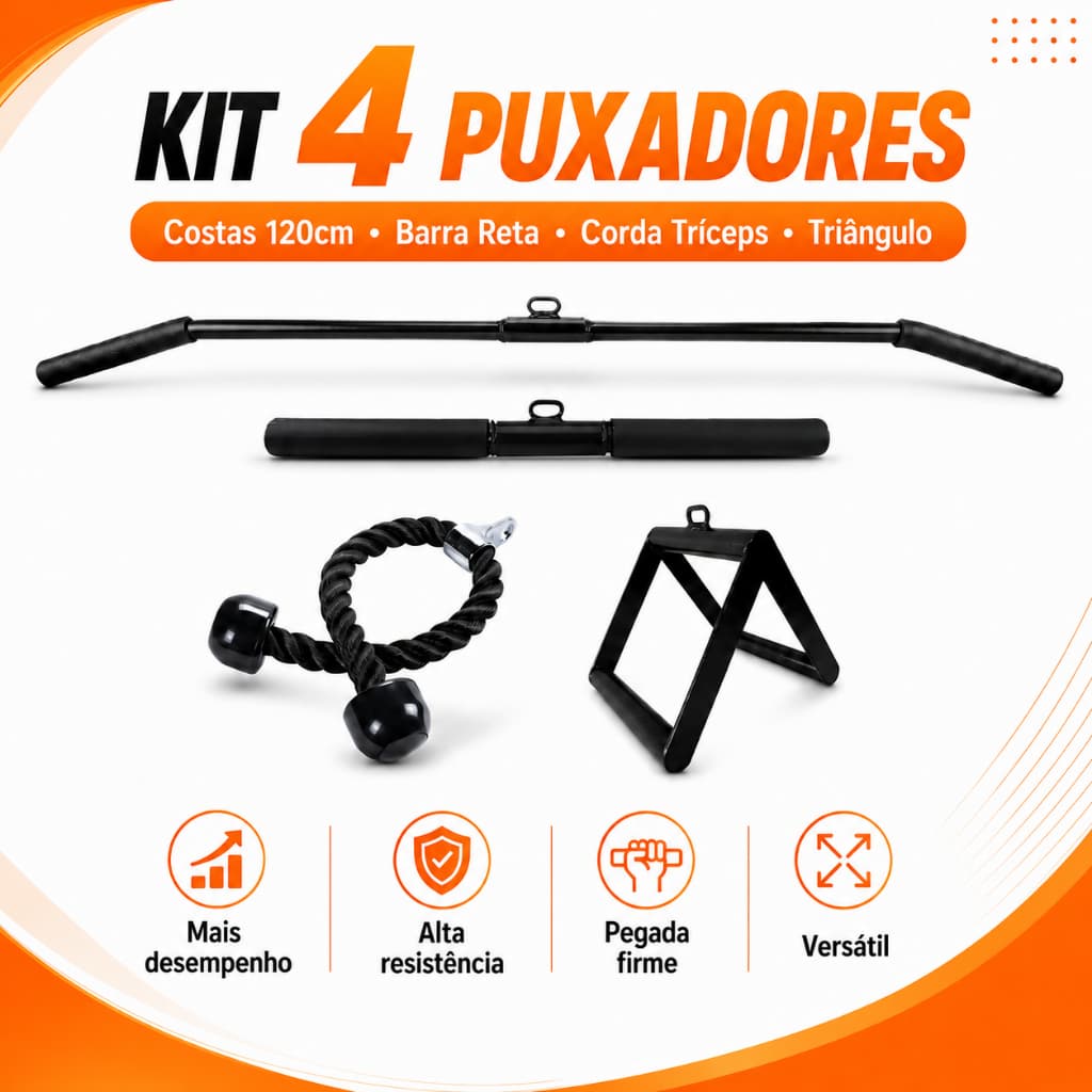 Kit 4 Puxadores Costas 120cm Barra Reta Corda Tríceps Triângulo Remada Estação Musculação Academia