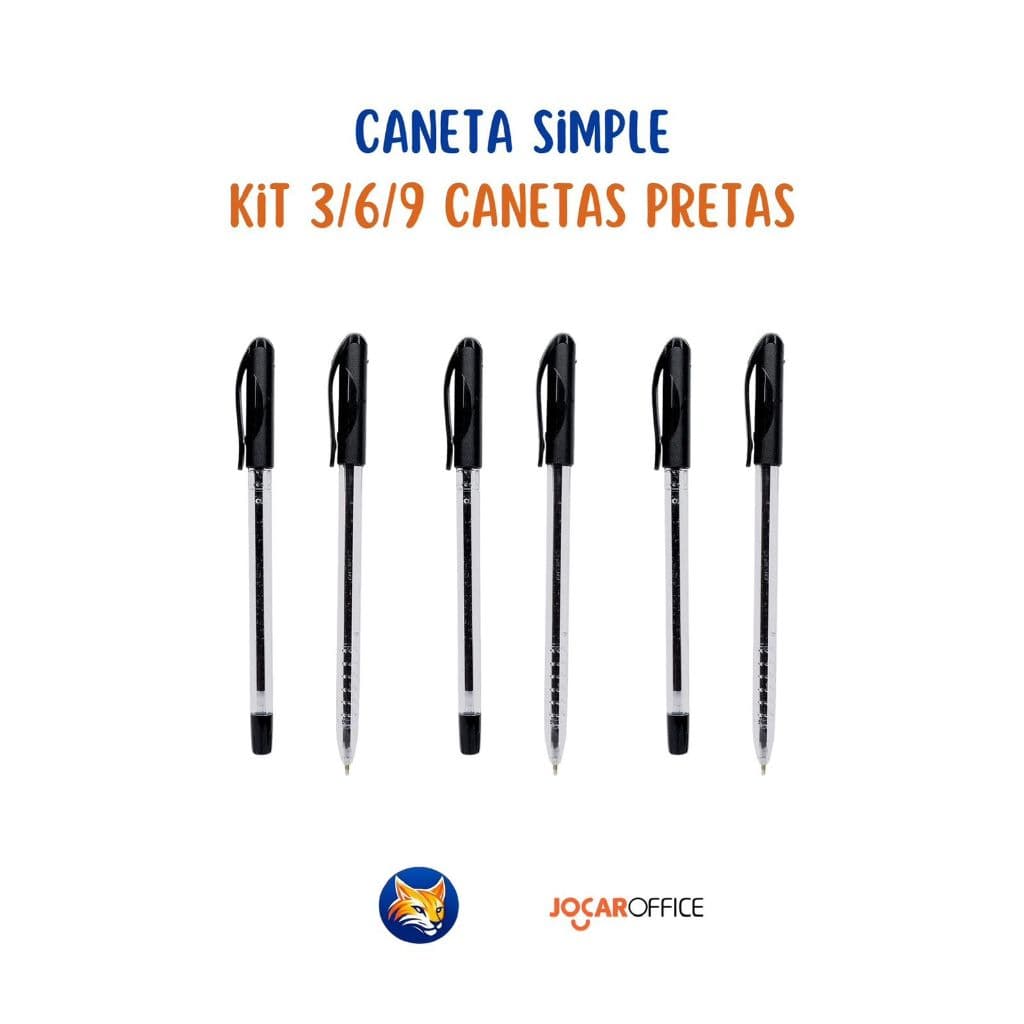 Kit 3 a 9 Canetas Esferográfica Simple Preta Jocar Office Ponta Média 10mm Corpo Redondo para Escolar e Escritório