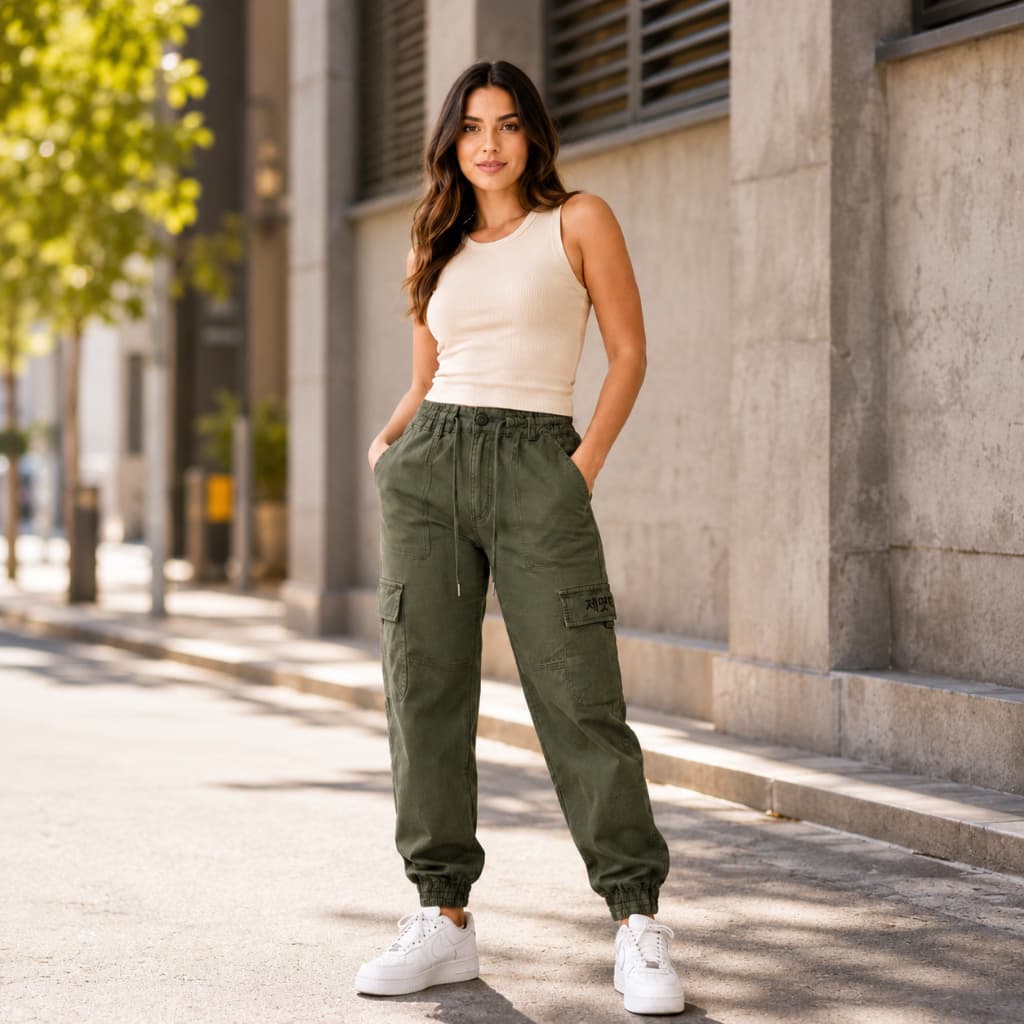 Calça Feminina Cargo de Sarja Militar Bolsos Laterais Cordão Confortável Estilosa