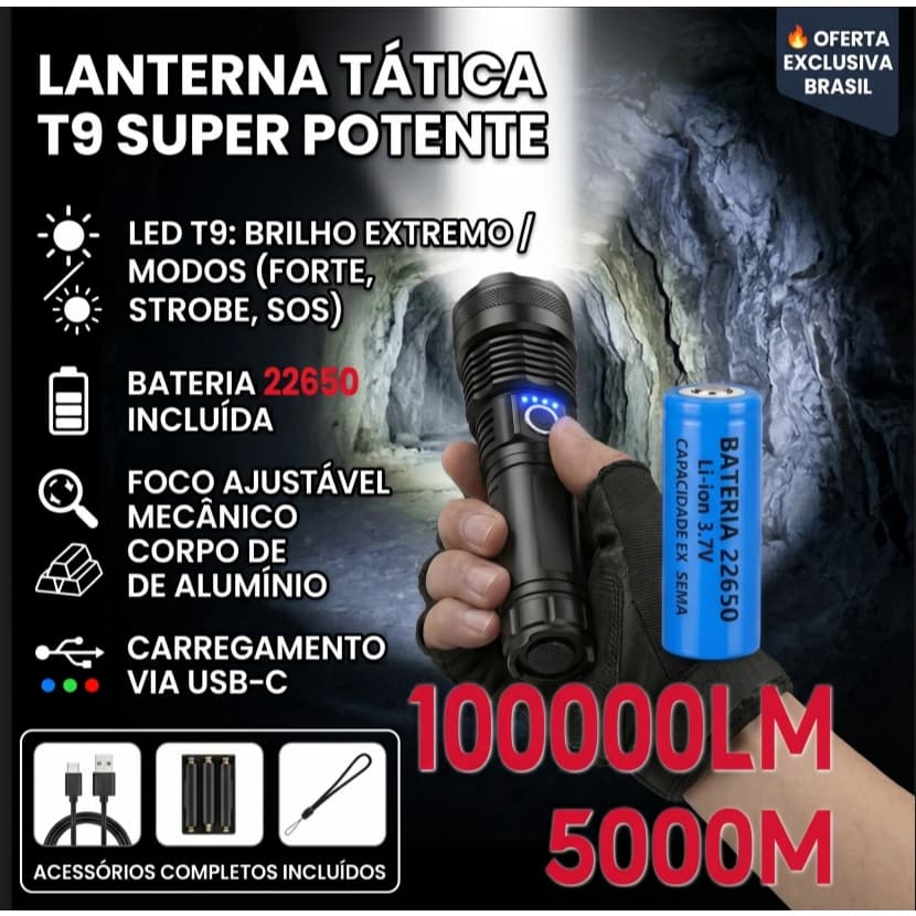 Lanterna Tática T9 LED Super Potente 10000LM Bateria 22650 Longa Duração Foco Ajustável Camping Pesca Emergência