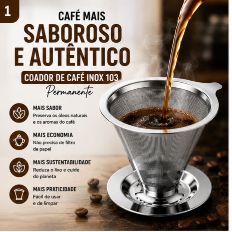 Coador de Café Inox 103 Permanente Filtro Reutilizável Aço Inox 304 Sem Papel