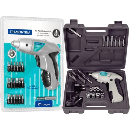 Parafusadeira Tramontina a Bateria 4.8V Bivolt Kit com 21 ou 46 Peças para Montar Móveis