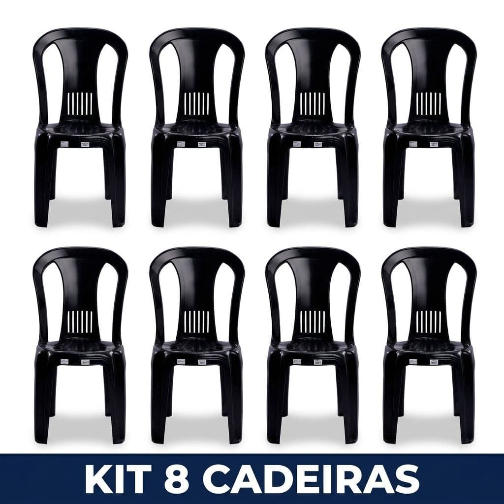 Kit 8 Cadeiras Plástica Preta 154kg INMETRO Empilhável Reforçada Bar Festa Igreja