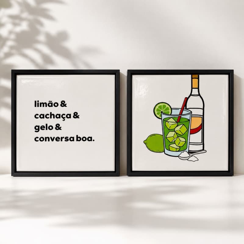 Quadros Decorativos Azulejo Caipirinha e Frase | Cozinha, Bar, Área Gourmet e Churrasqueira 15x15cm