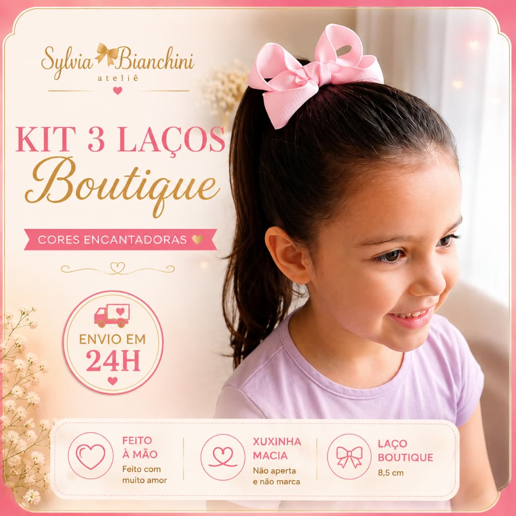 Kit 3 Laços Boutique 8,5cm Infantil | Xuxinha ou Bico de Pato Artesanal
