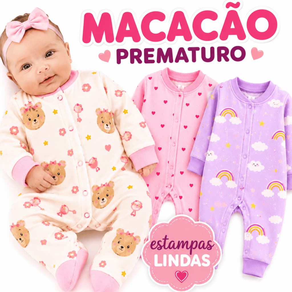 Kit 2 Macacão Prematuro Bebe Menina Suedine Estampado Algodão Enxoval Recém Nascido Bebe Reborn Saida Maternidade