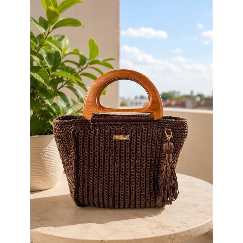 Bolsa de Crochê Feminina Alça de Madeira Forrada Luxo Artesanal