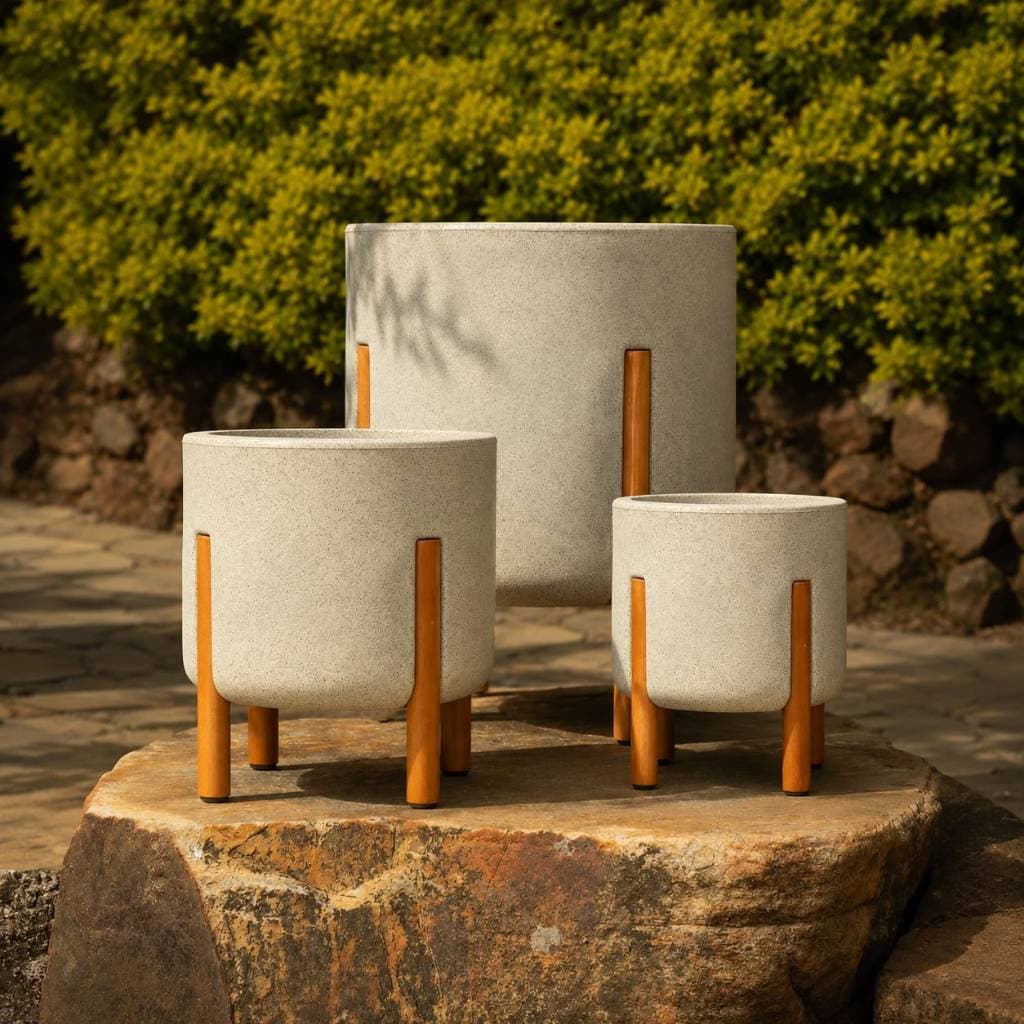 Kit Conjunto 3 Vasos De Plantas Decorativo Para plantas Nordico P M G Cilíndrico com pé em Madeira Design Moderno