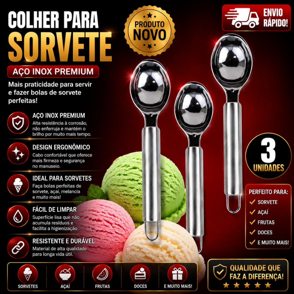 Conjunto 3 e 1 Colher Para Sorvete e Açaí Concha de Sorvete Aço Inox Sorveterias