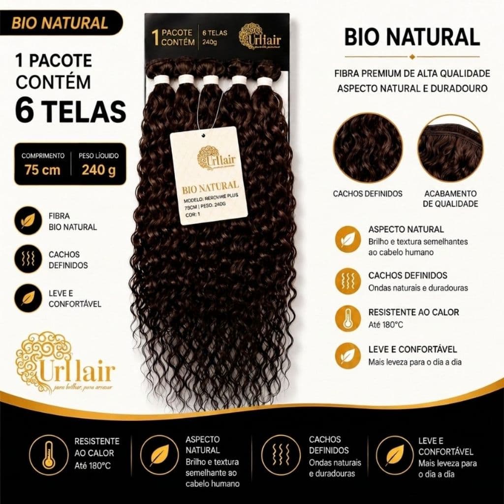 Cabelo Cacheado Entrelace Neptune 75cm Bio Fibra UrHair Aspecto Humano Castanho Escuro