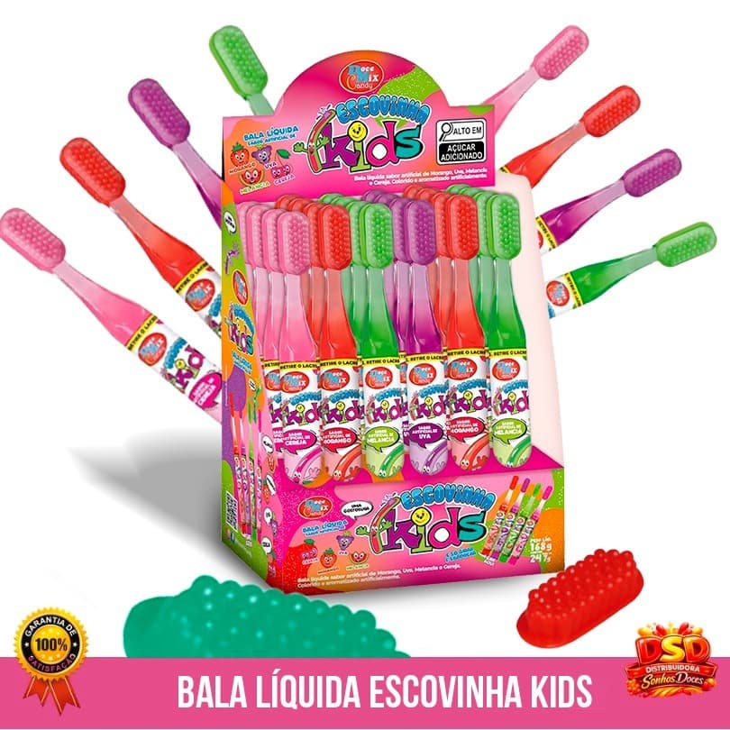 BALA LIQUIDA  ESCOVINHA KIDS DISPLAY  C/ 24 UNIDADES 7G  SABOR CEREJA , UVA , MELANCIA E MORANGO