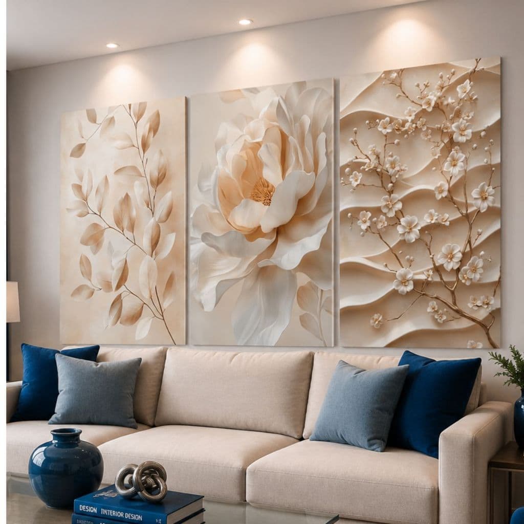Kit 3 Quadros Decorativos Floral Bege Luxo Minimalista Moderno Grande Sala Quarto Corredor Escritório Mdf
