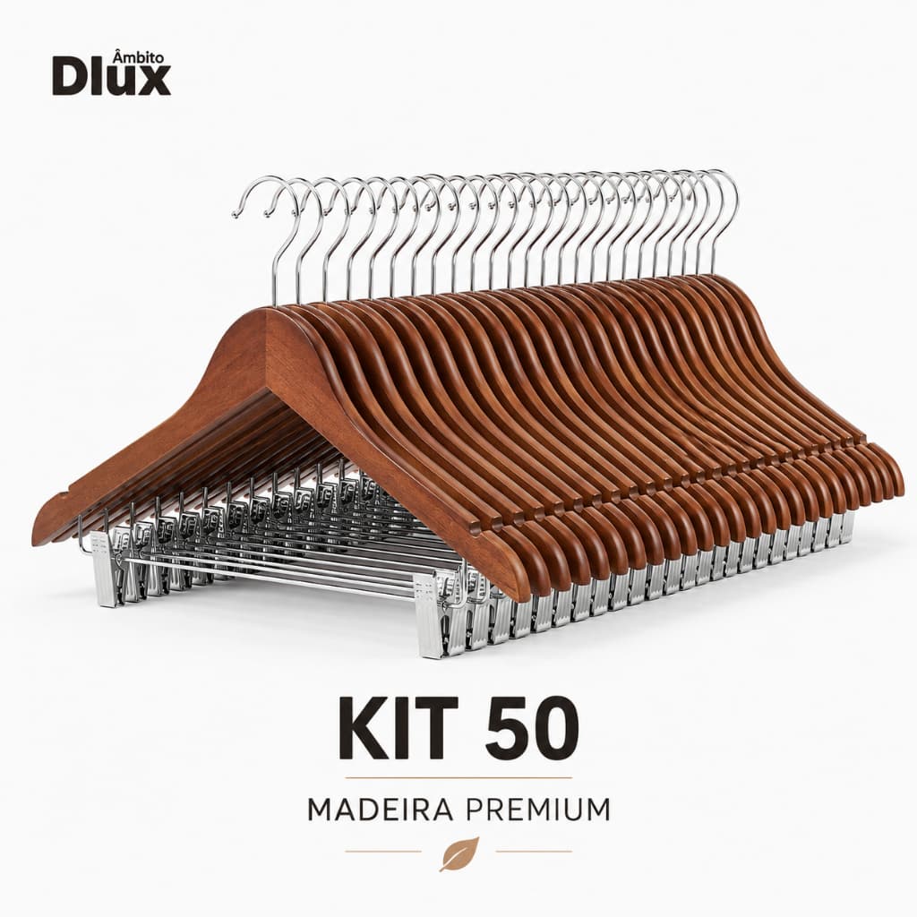 Ambito Dlux Kit 50 Cabides De Madeira Com Presilhas Gancho Giratório 360° Premium Para Calças E Camisas