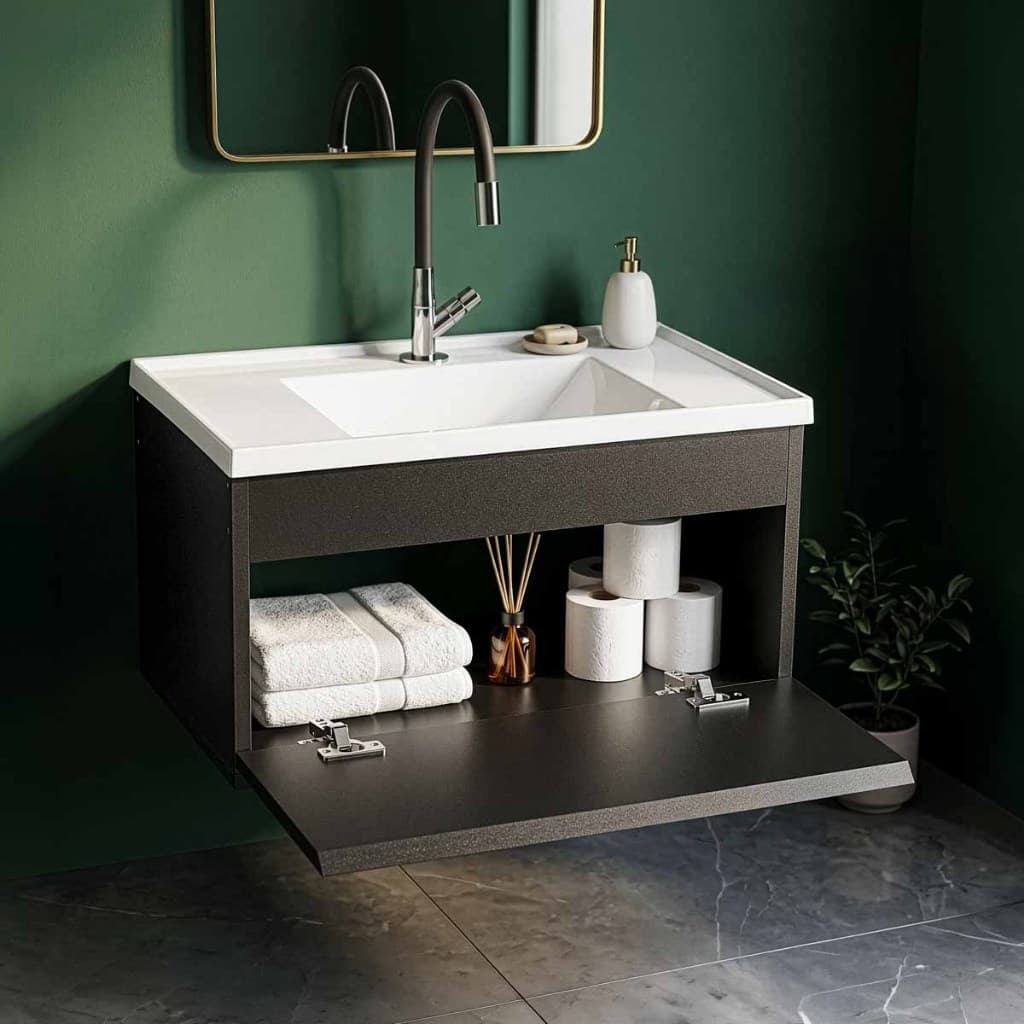 Armário Banheiro Compacto 59cm com Cuba Branca Design Moderno Madeira Maciça