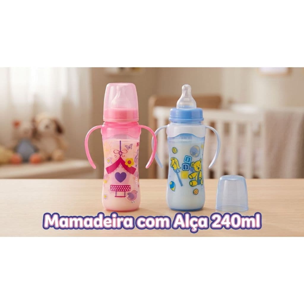 Mamadeira C/Alça Plástico Bico Bebê Silicone 240ml Petita