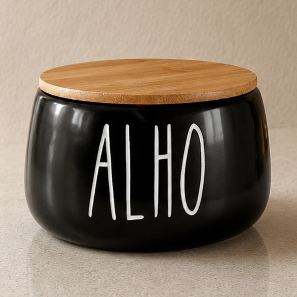Pote Para Cozinha Porta Tempero Para Alho Hermético de Cerâmica tampa de Bambu Madeira Preto 600ml