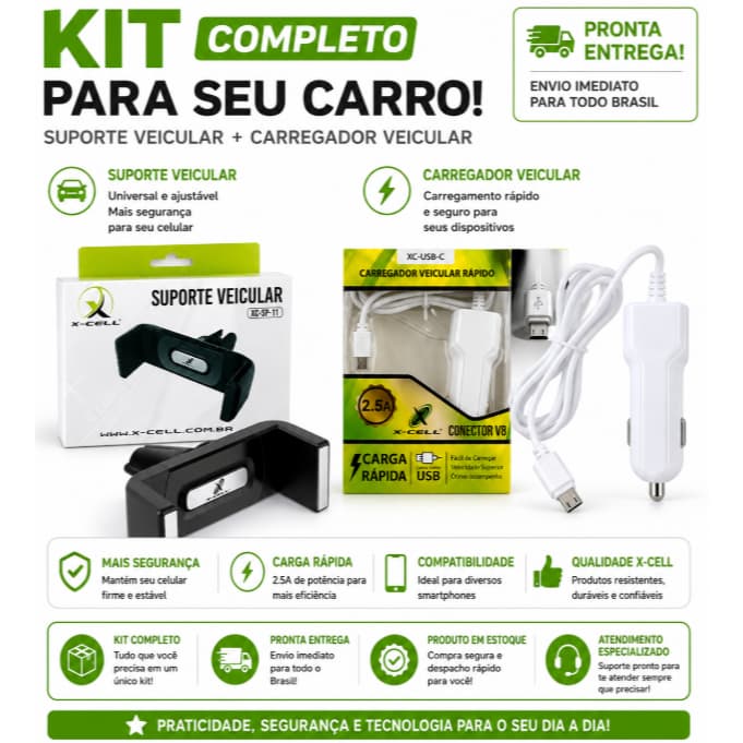 Kit Suporte Veicular Celular Ar Condicionado Carro + Carregador Veicular Carga Rapida Usb V8 2.5a