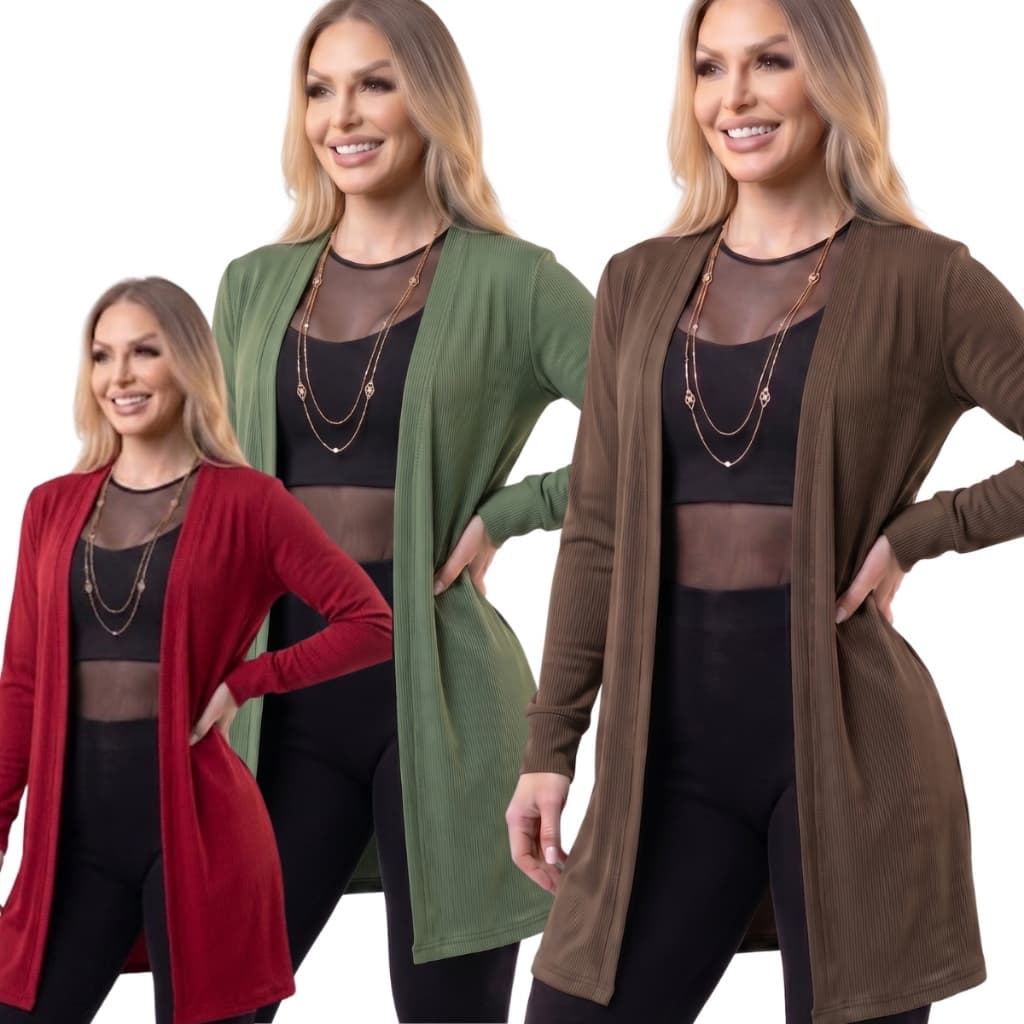 Cardigan Feminino Canelado  Blusa de Frio Manga Comprida Conforto Estilo