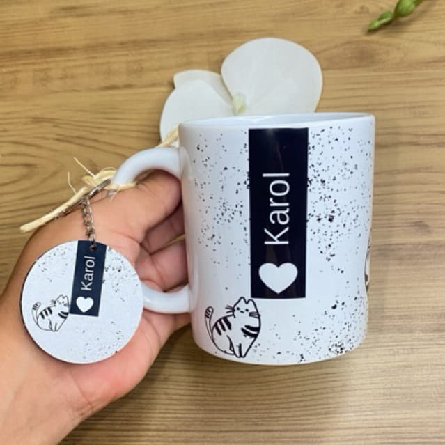 Kit Caneca Personalizada Nome e frase+ chaveiro MDF personalizado+  caixa presente -Porcelana 325ml