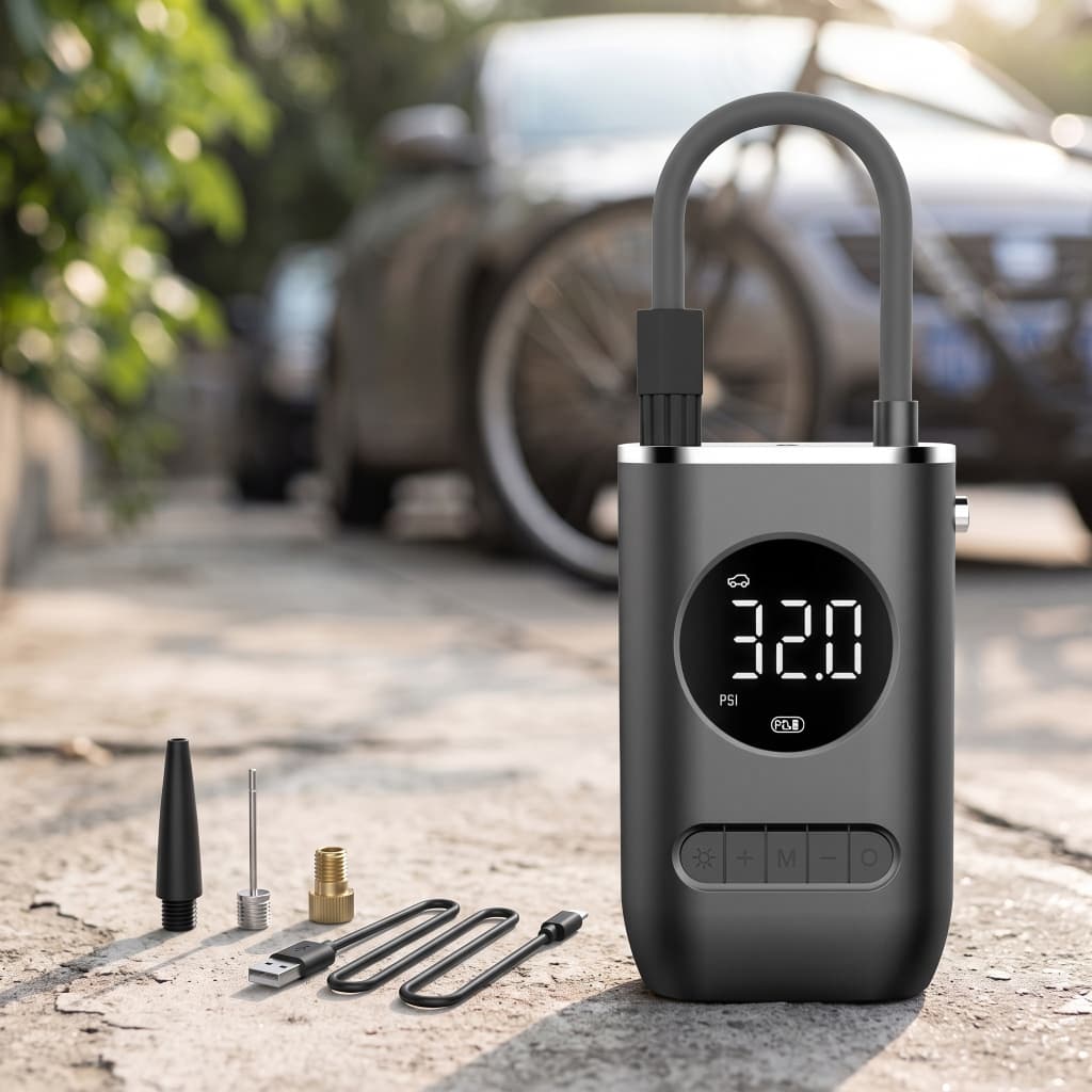 Compressor de Ar Portátil Digital – Inflador e Calibrador de Pneus para Carro, Moto e Bicicleta, com USB Recarregável