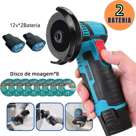 Mini Esmerilhadeira Lixadeira Sem Fio Portátil 12V, Cortadora de Mármore a Bateria, com 8 discos abrasivos
