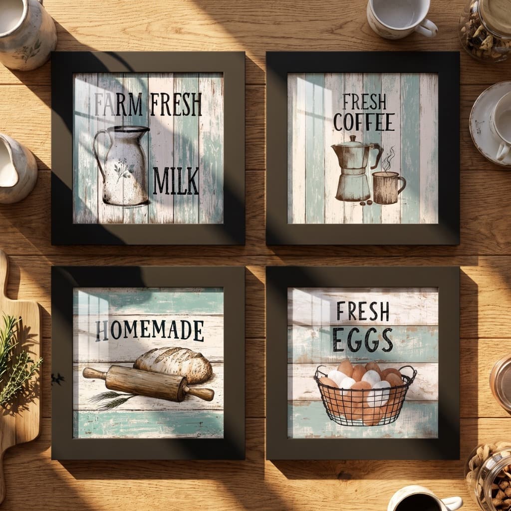 Kit 4 Quadros Decorativos Cozinha Cantinho Do Café 18x18cm Com Vidro Moldura Madeira Bistrô Retro